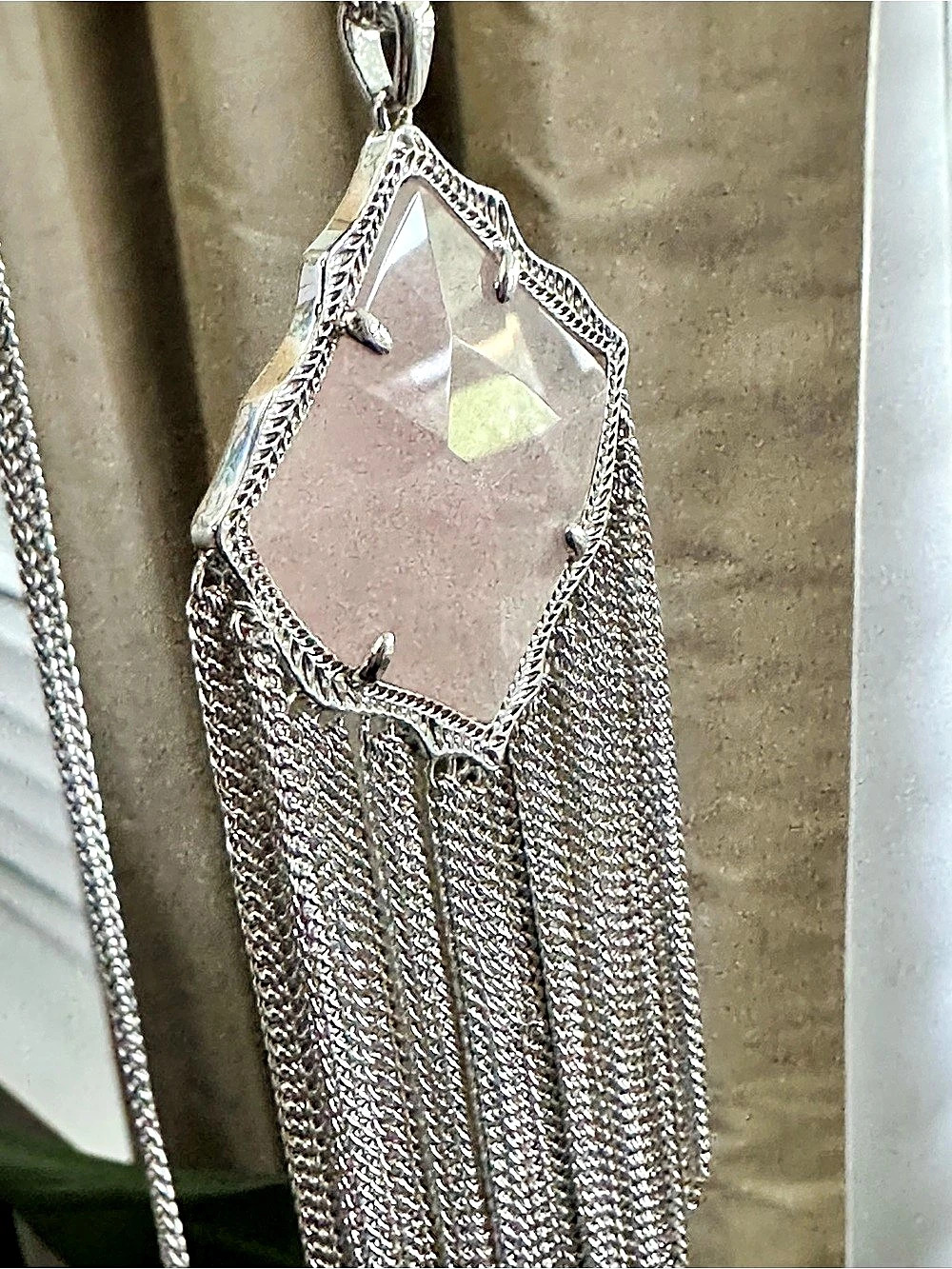 NWT Kendra Scott Kingston Long Fringe Pendant Necklace Rhodium Silver Pink